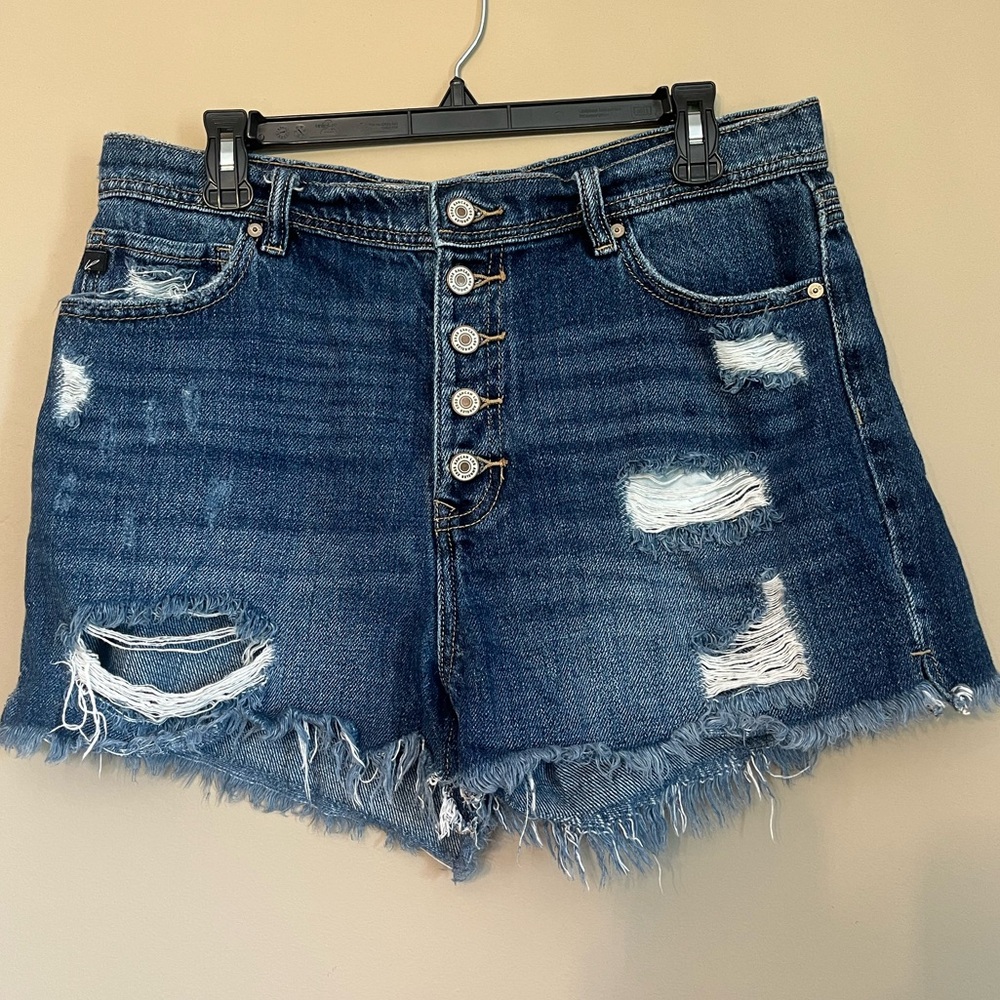 Dark Blue Distressed High-Rise Denim Shorts